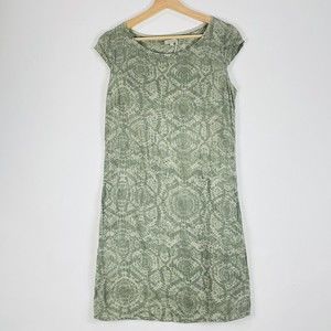 Lina Tomei Green Print Cap Sleeve Linen Shift‎ Dress Womens Sz Medium